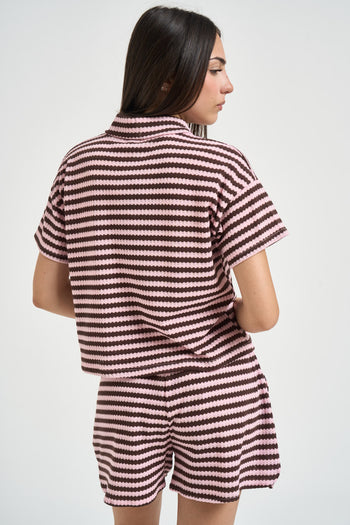 Polo donna a righe marrone e rosa - 4