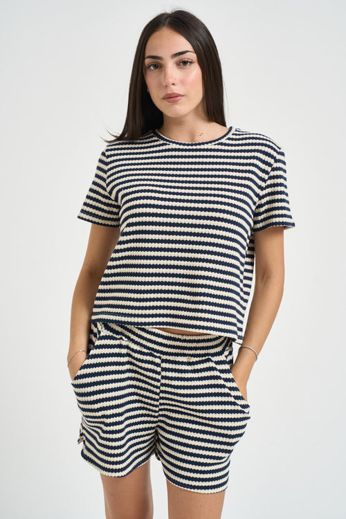 T-shirt donna a righe blu e panna