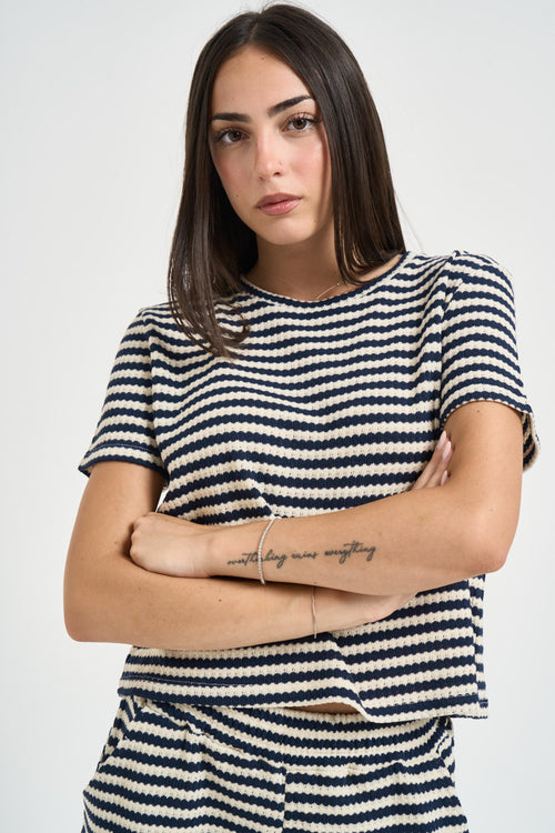 T-shirt donna a righe blu e panna - 2