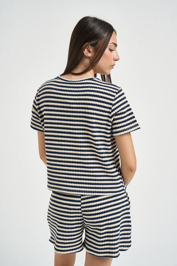 T-shirt donna a righe blu e panna - 4