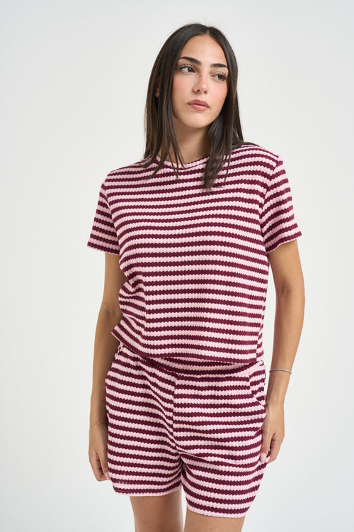T-shirt donna a righe rosa e bordeaux
