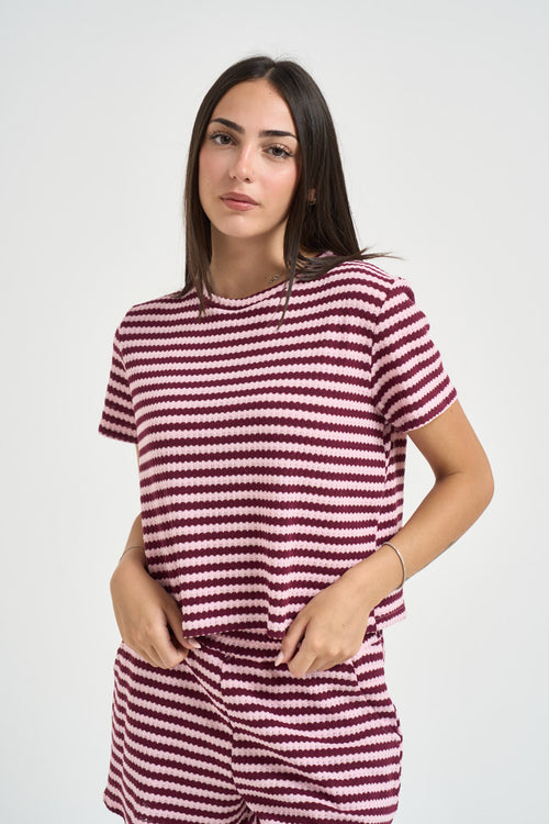 T-shirt donna a righe rosa e bordeaux - 2