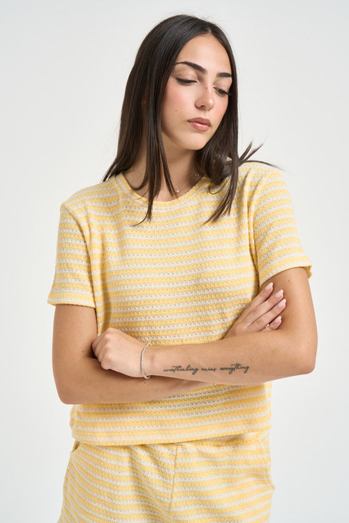T-shirt donna a righe giallo e panna - 2