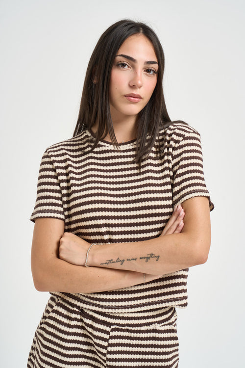 T-shirt donna a righe marrone e panna - 2