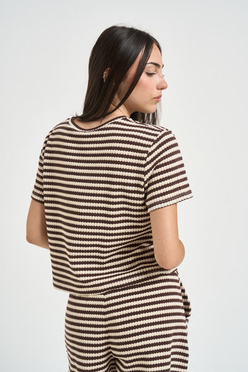 T-shirt donna a righe marrone e panna - 4