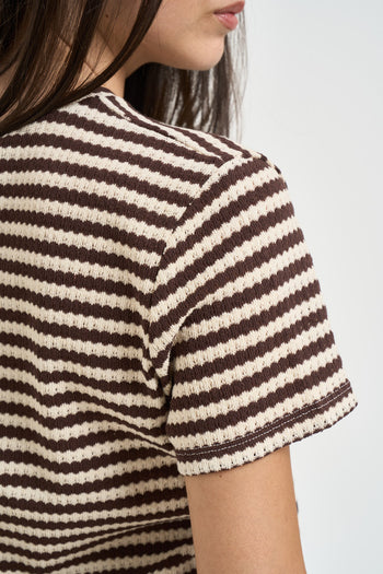 T-shirt donna a righe marrone e panna - 5