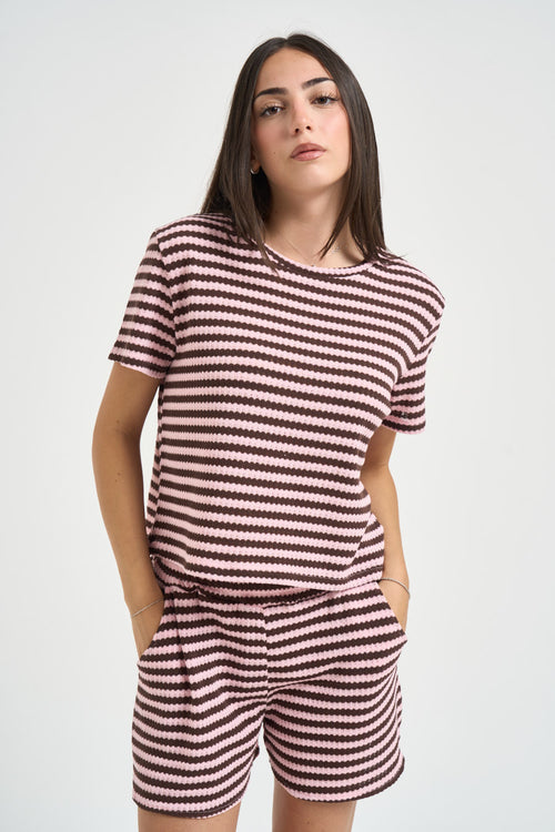 T-shirt donna a righe rosa e marrone
