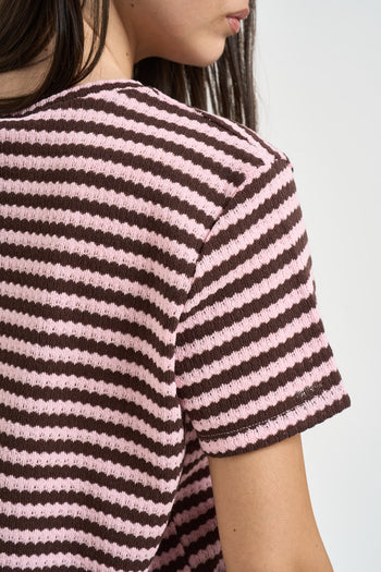 T-shirt donna a righe rosa e marrone - 4