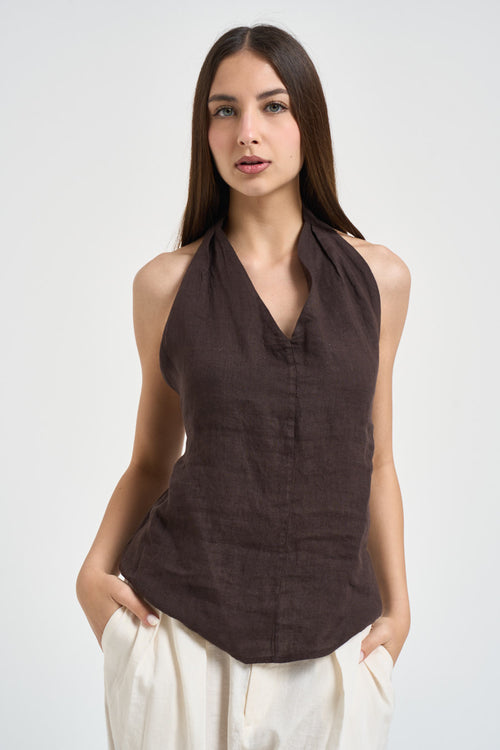 Top donna in lino marrone