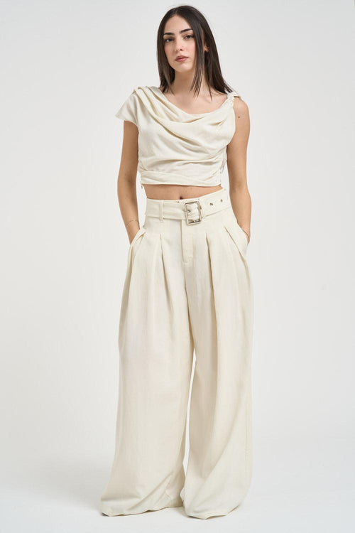 Top donna drappeggiato cropped panna