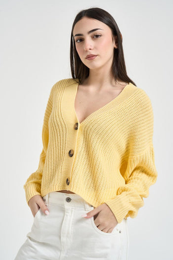 Cardigan donna in maglia giallo pastello - 3