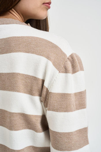 Maglia donna girocollo a righe bianca e beige - 4