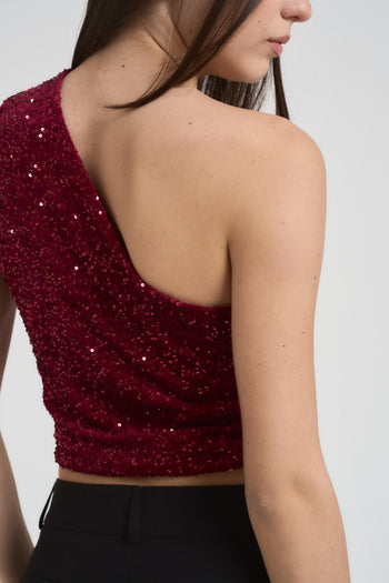 Top donna monospalla con paillettes bordeaux - 5