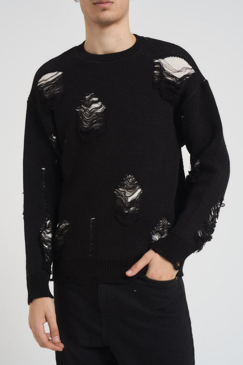 Felpa uomo girocollo con rotture nera