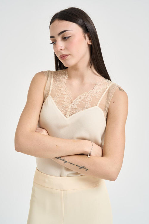 Blusa donna con inserti in pizzo panna - 2