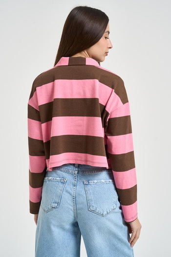 Polo donna a righe marrone e rosa - 3