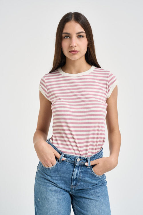 T-shirt donna a righe rosa e bianca