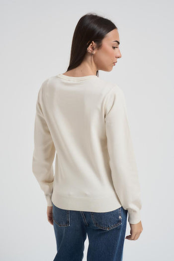 Felpa donna girocollo panna con strass - 3
