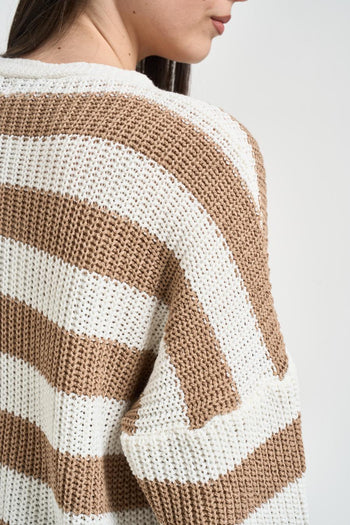 Cardigan donna a righe bianche e beige - 4
