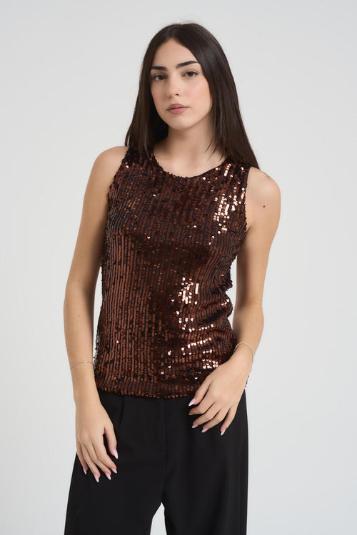 Top donna girocollo con paillettes ruggine