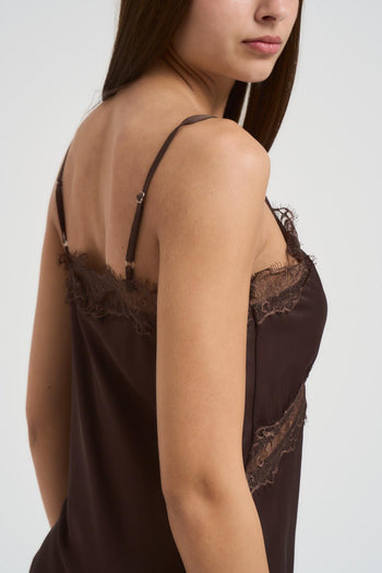 Abito donna asimmetrico in pizzo marrone - 5