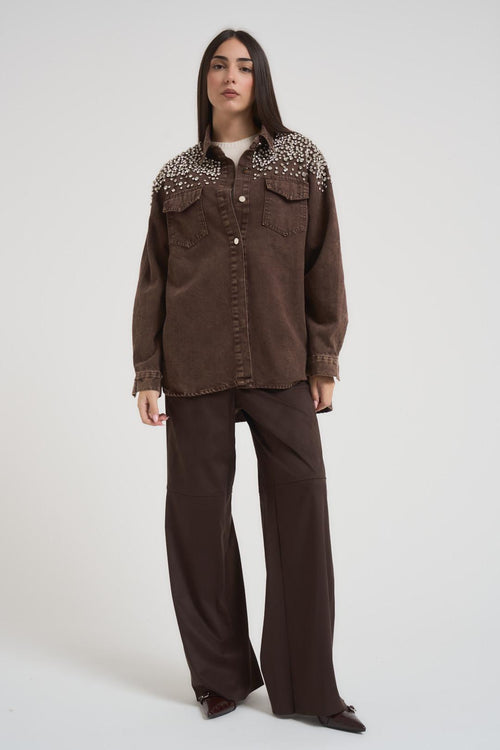Camicia donna in denim marrone con strass