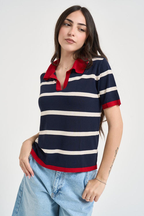 Polo donna in maglia a righe blu navy - 1