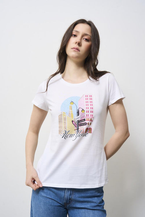 T-shirt donna bianca scritta New York