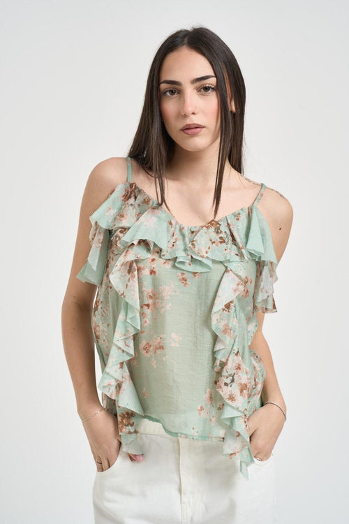 Top donna con volant verde floreale