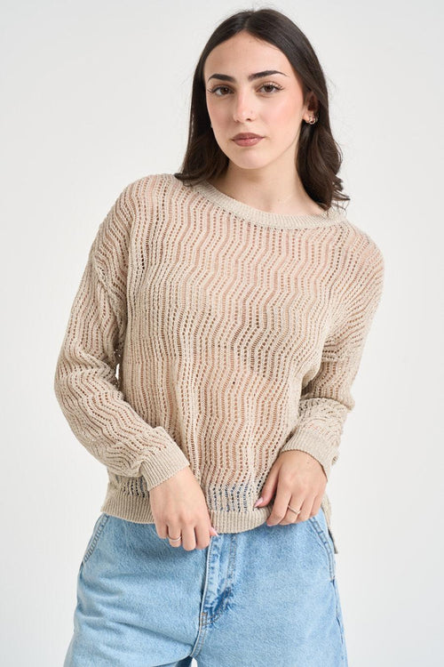 Maglia donna girocollo traforata burro