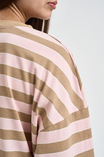 Maglia donna girocollo a righe beige e rosa - 4