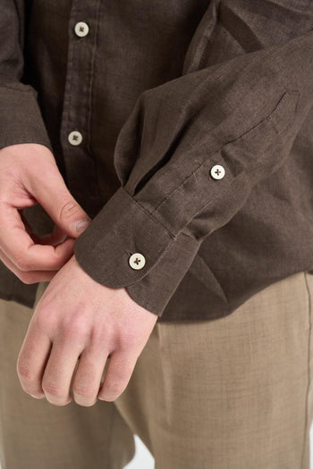 Camicia uomo in lino marrone - 3
