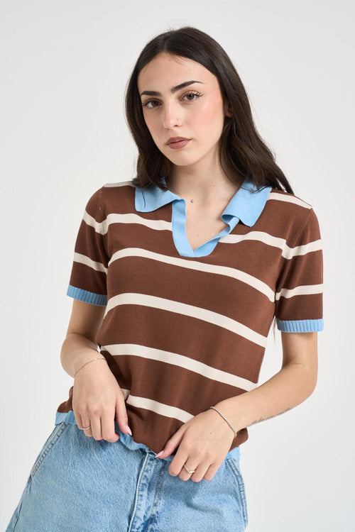 Polo donna in maglia a righe marrone