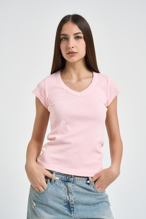T-shirt donna rosa a costine