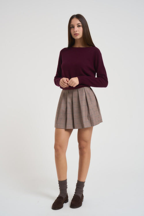 Minigonna donna a pieghe in pied de poule vino