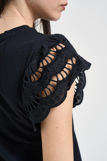 T-shirt donna con maniche in pizzo sangallo nera - 4