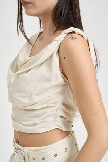 Top donna drappeggiato cropped panna - 4