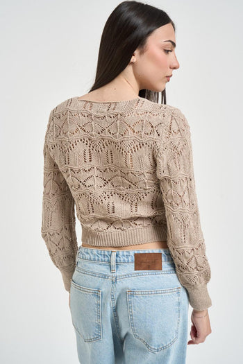 Cardigan donna cropped in maglia traforata corda - 4
