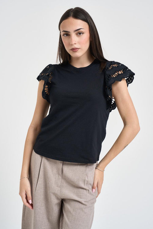 T-shirt donna con maniche in pizzo sangallo nera