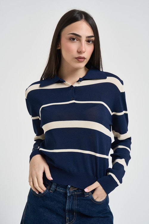 Polo donna in viscosa a righe blu