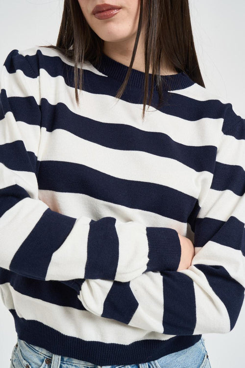 Maglia donna girocollo a righe bianca e blu - 2
