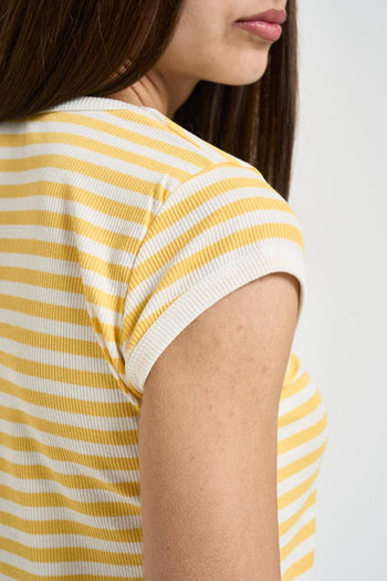 T-shirt donna a righe gialla e bianca - 4