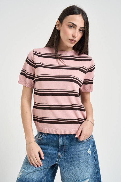 Maglia donna girocollo a righe rosa - 2
