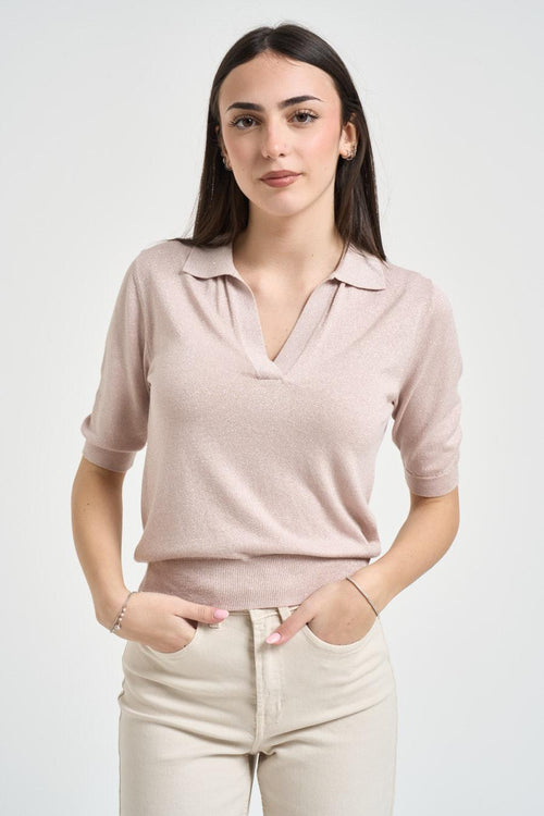 Polo donna in maglia rosa con lurex - 1