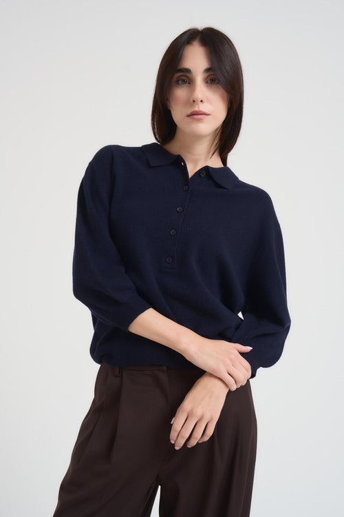 Maglione pullover donna collo polo blu - 2