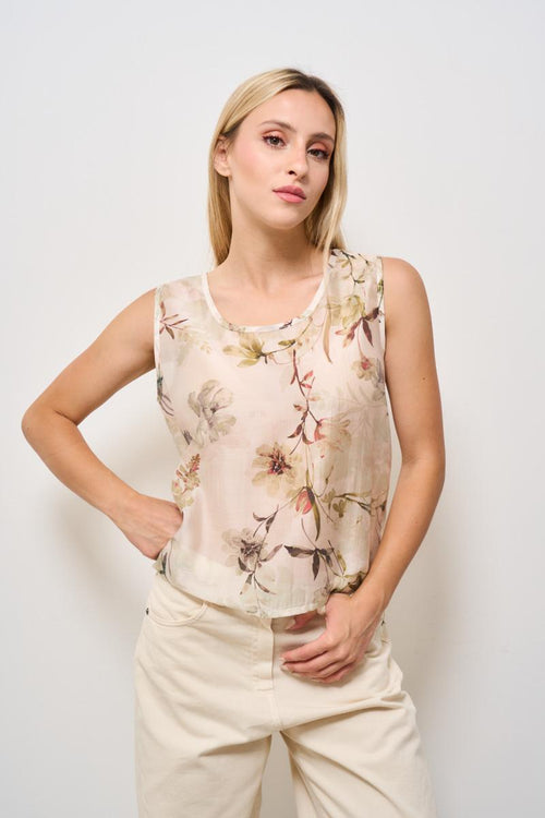Top donna girocollo floreale beige