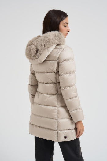 Piumino donna trapuntato con bordo in vera pelliccia panna - 4
