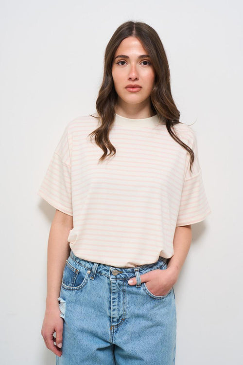 T-shirt donna girocollo a righe rosa
