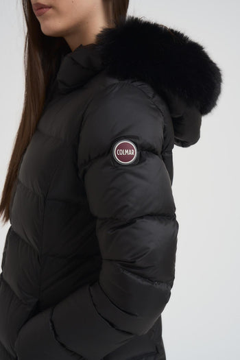 Piumino donna trapuntato con bordo in vera pelliccia nero - 5