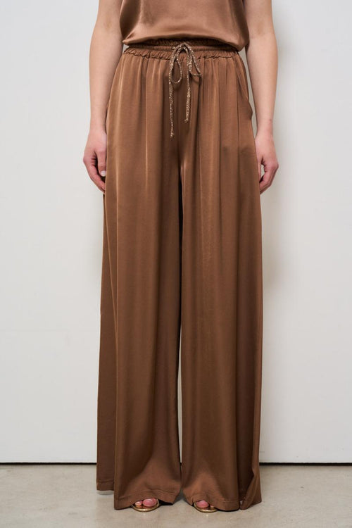 Pantalone donna a palazzo satinato marrone - 1